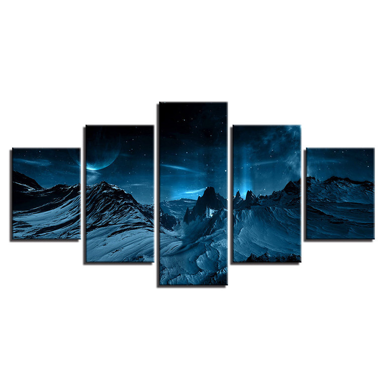 Canvas Painting Wall Art 5 Pieces Blue Aurora Snow Mountain Modern HD Printed Night Scene Pictures