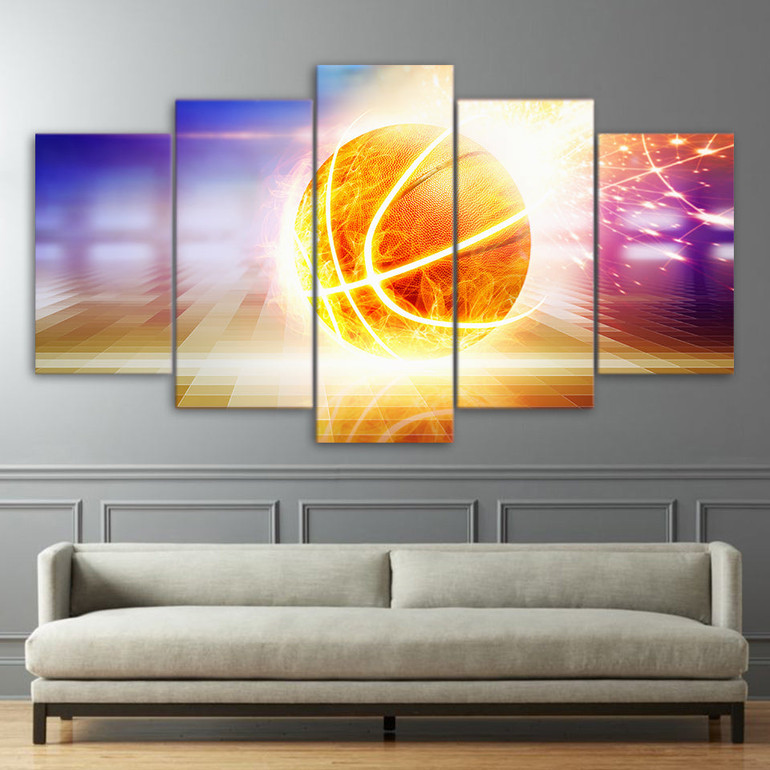 5 Pieces Canvas Wall Art Red Basketball Fire Ball HD Painting Printed Poster