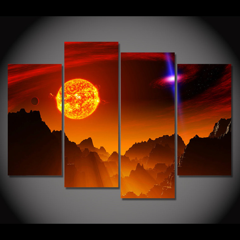 Print Canvas Wall Art Picture Decoration Modular 4 Pieces Abstract Mountain Space Planet Stars HD