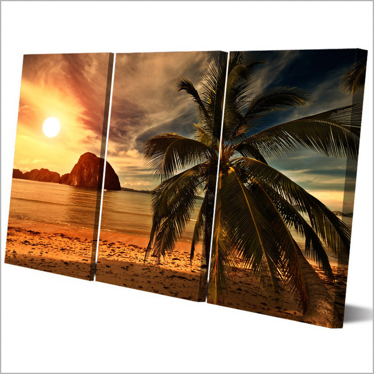 HD Printed Pictures Canvas Wall Art 3 Pieces Sunset Tropical Island Beach Coconut Trees Posters