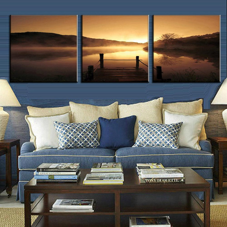 Wall Art Pictures Poster 3 Pieces Golden Pier River Dusk Landscape HD Prints Modern Canvas Painting