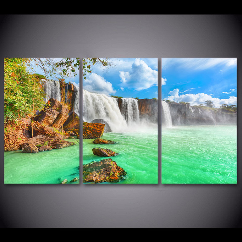 Wall Art Pictures Posters 3 Pieces Waterfall Natural Landscape Green Lake HD Printed Painting On Canvas