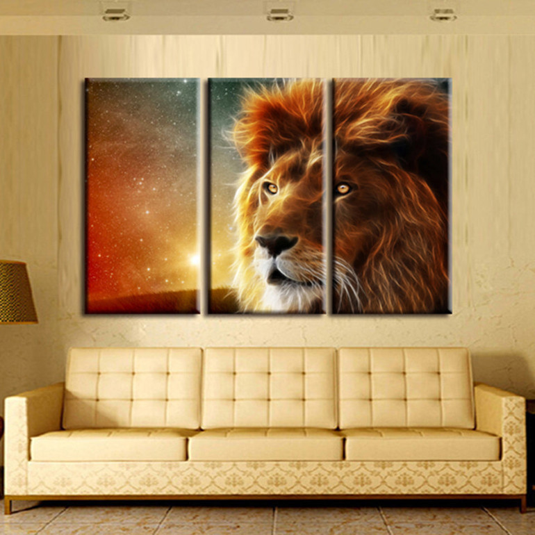 Printed Canvas Modern HD 3 Panel Animal Lion Pictures Modular Painting Wall Art Poster