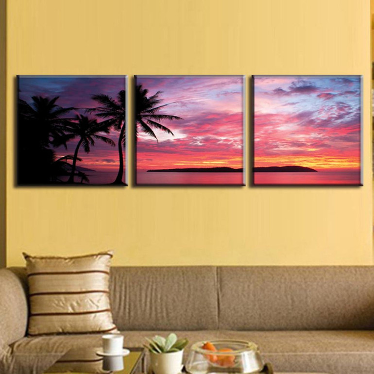 Canvas Wall Art Pictures 3 Pieces Red Sunset Tropical Coast Seascape Painting HD Prints Poster
