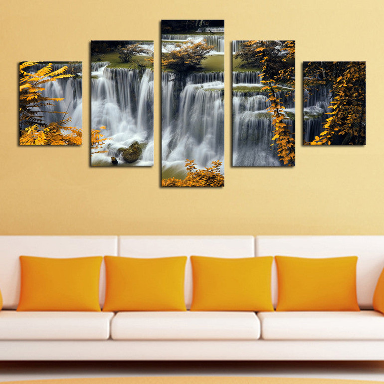 Canvas Modular Posters Picture Wall Art 5 Panel Waterfall Landscape HD Printed Modern Painting