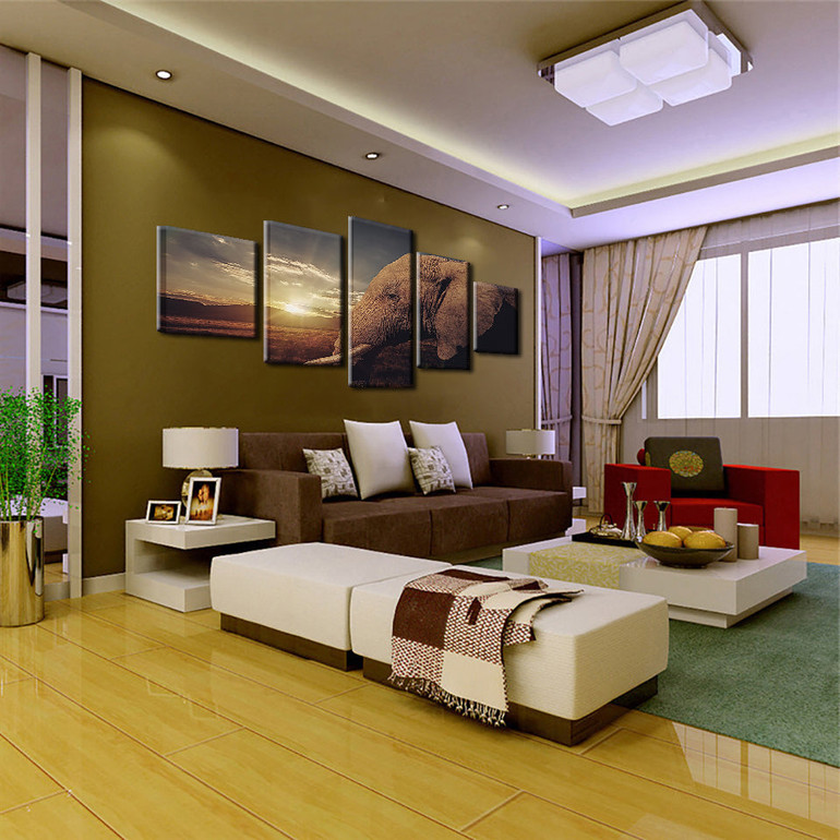 Paintings Canvas Wall Art Modular 5 Pieces Animal Elephant HD Printed Sunset Scenery Pictures Posters