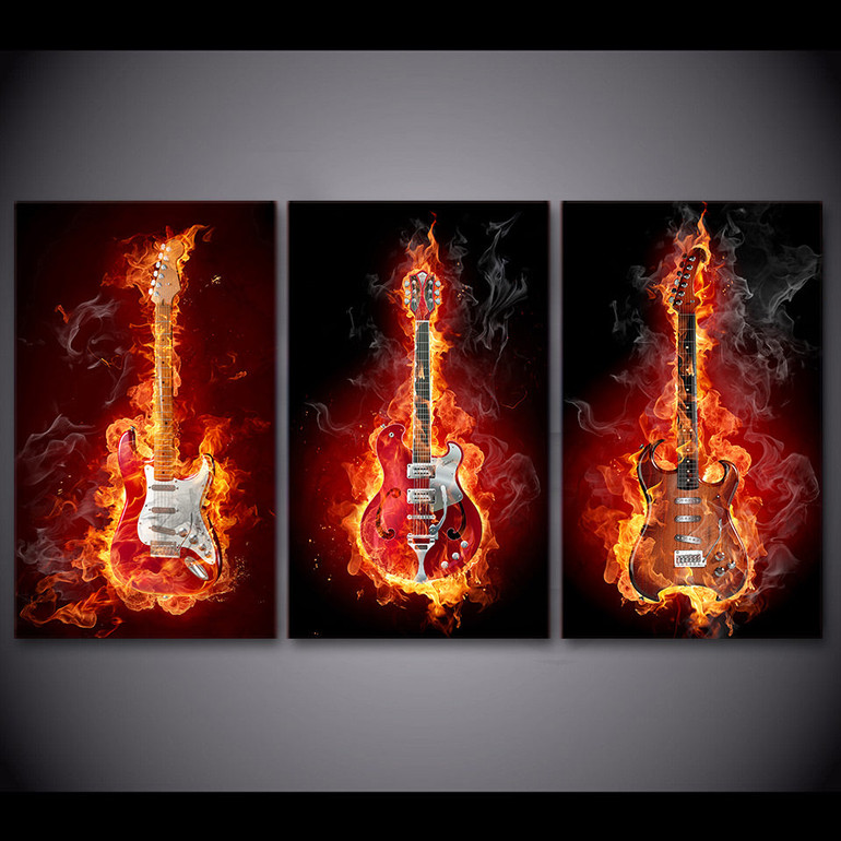 Modern HD Printed Wall Art Canvas Picture 3 Pieces Fire Musical Instrument Guitar Burning Flame Painting Poster