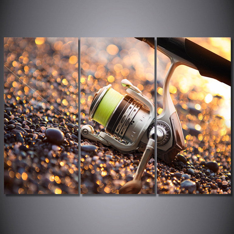 Canvas Wall Art Pictures 3 Pieces Fishing Gear Hooks Rod Sunshine Landscape HD Printed Poster