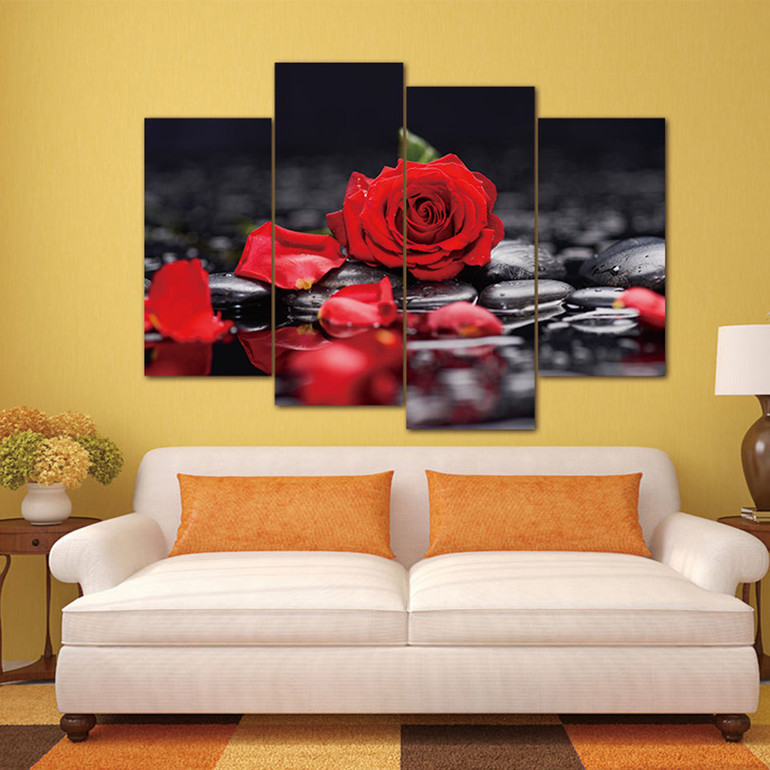 Modular Painting Wall Art Pictures 4 Pieces Red Rose Petals Black Pebble Water Canvas Posters