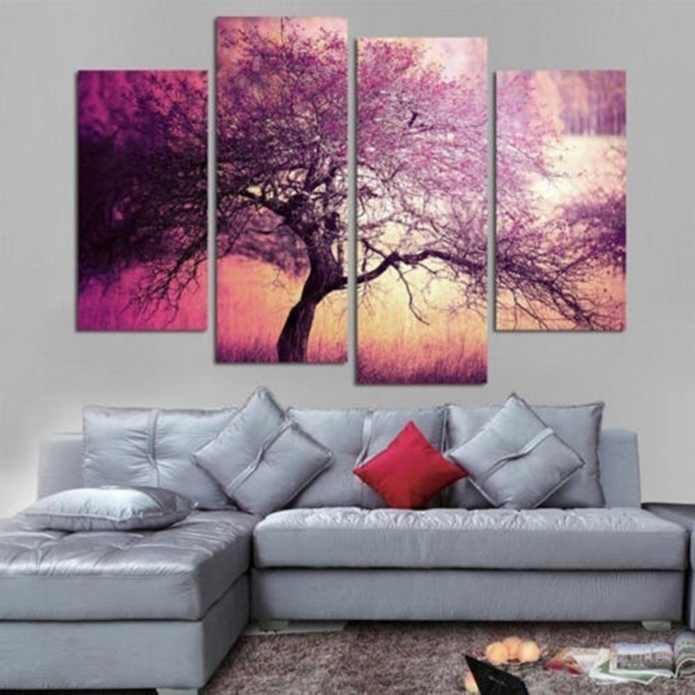 Canvas Wall Art Pictures 4 Pieces Beautiful Pink Trees Landscape HD Prints Poster