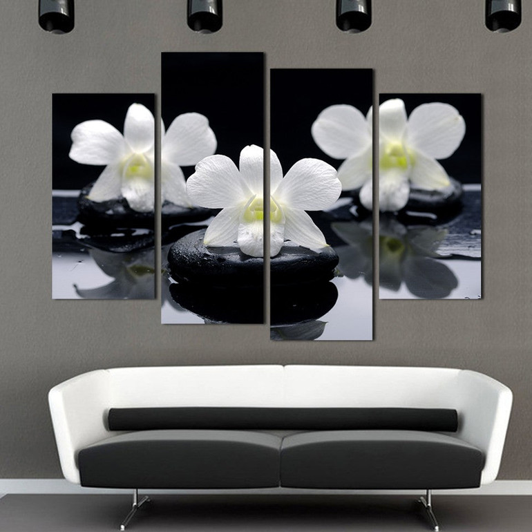 Modern Wall Posters Canvas Art 4 Pieces Black Pebble White Orchid Flowers Modular Painting