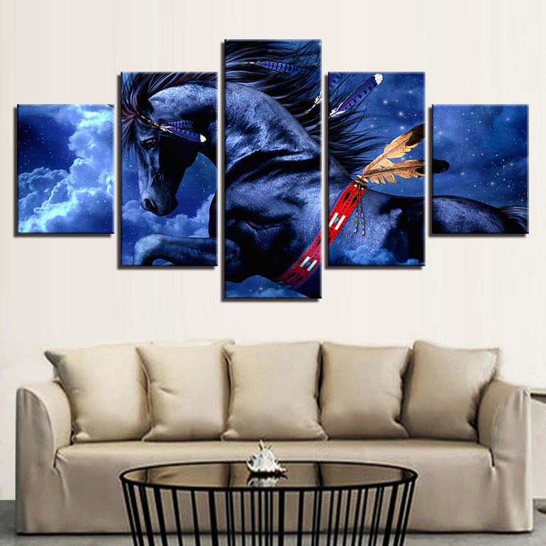 Wall Art Poster Modern 5 Pieces Animal Blue Horse Canvas HD Print Painting Modular Pictures