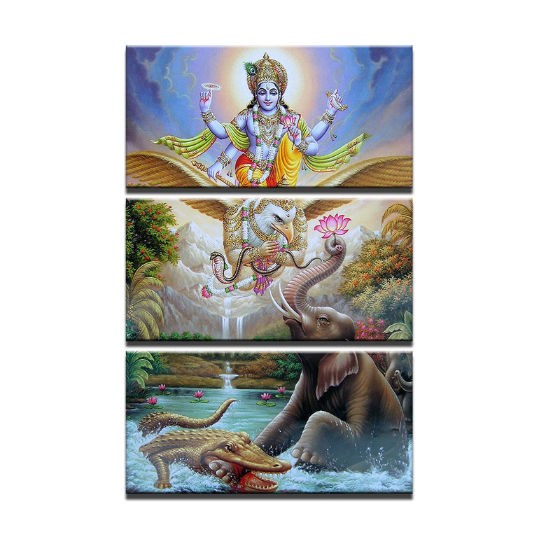 Canvas HD Print Poster Room 3 Pieces Vishnu Seated On Garuda Painting Wall Art Elephant Pictures