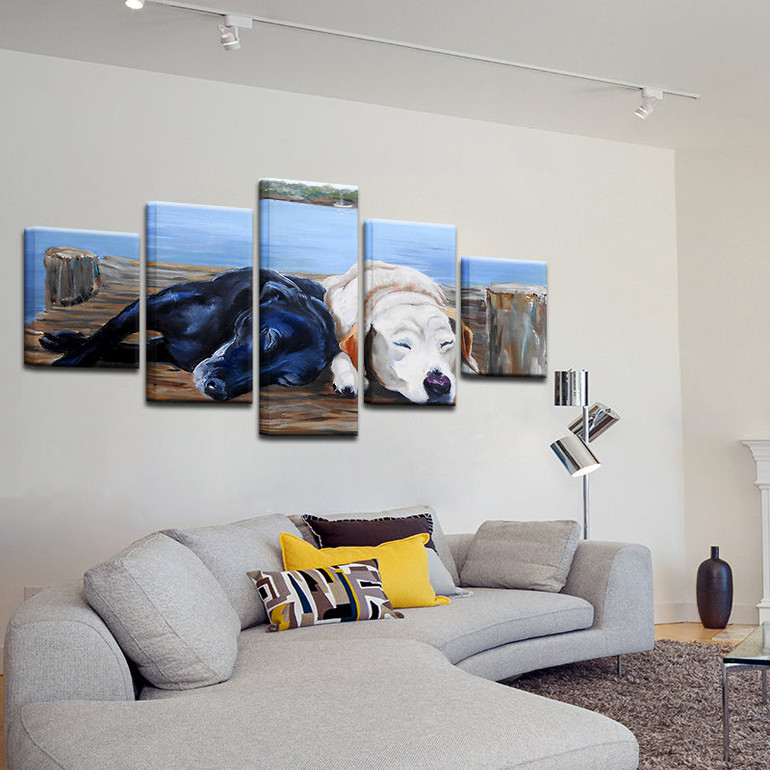 Modular Pictures Wall Art Poster 5 Pieces Sleeping Black White Animal Dogs Canvas Painting