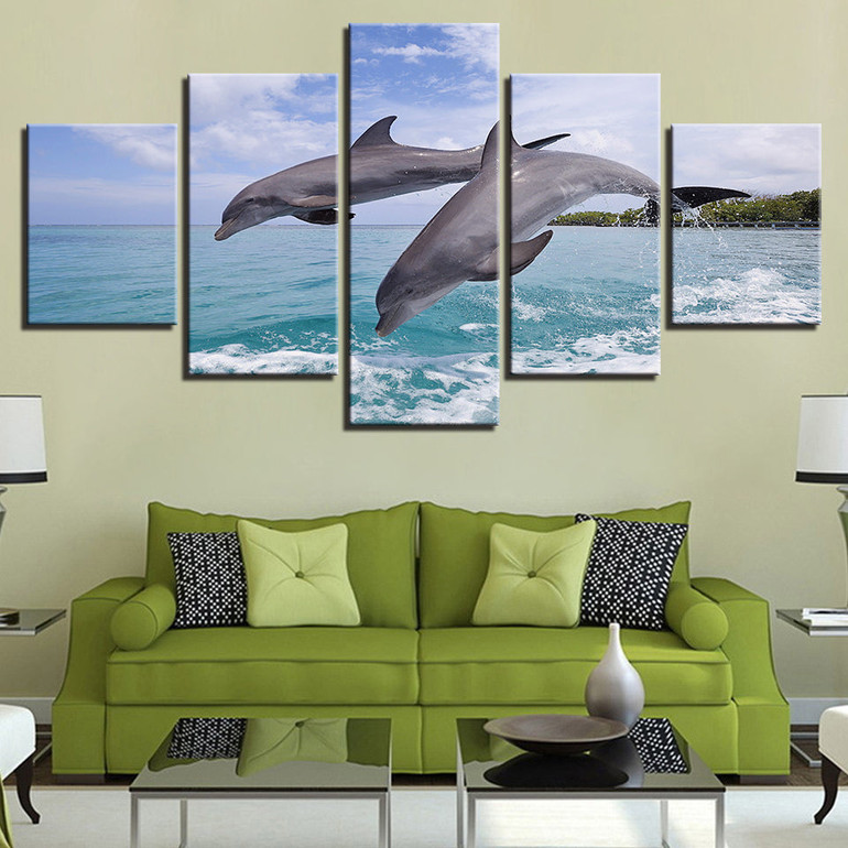 Canvas Pictures Wall Art HD Prints Animal Seascape Poster 5 Pieces Happy Jumping Dolphins Paintings Modular