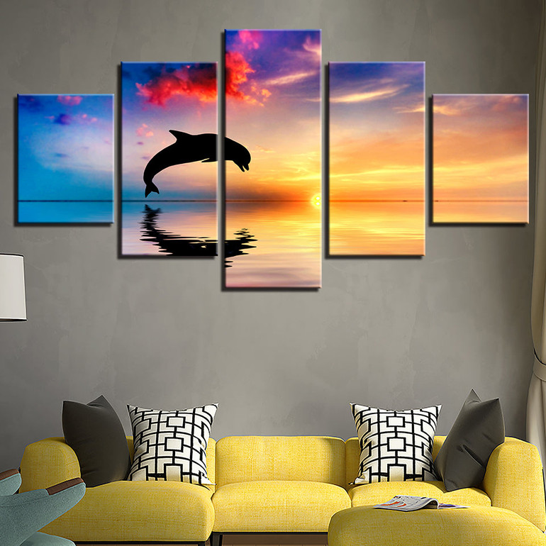 Canvas HD Prints Pictures Wall Art 5 Pieces Dolphins Swim Jump Paintings Sunset Seascape Poster