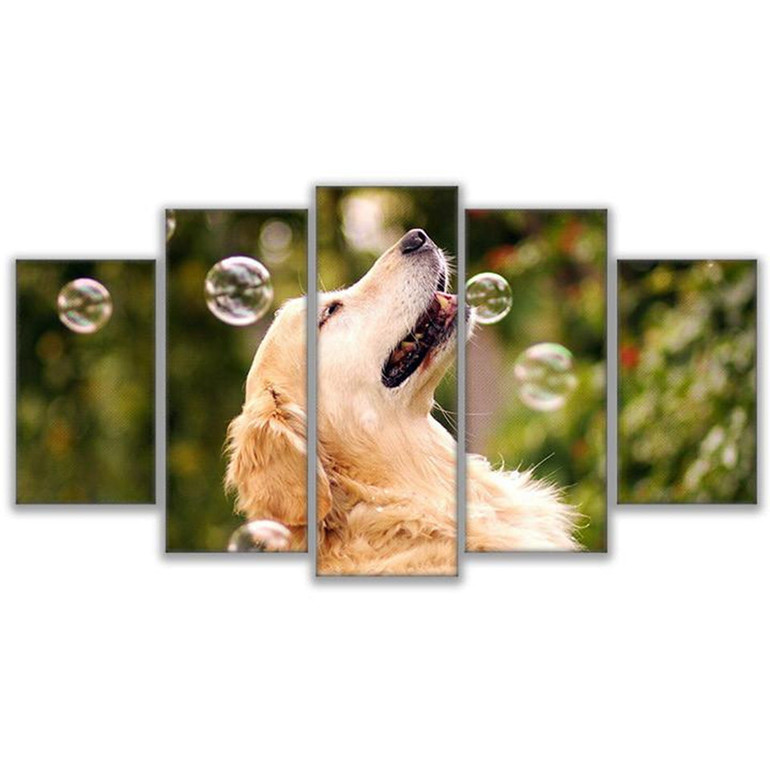 Canvas Paintings Wall Art HD Prints Animal Posters 5 Pieces Dog Playing With Bubbles Pictures