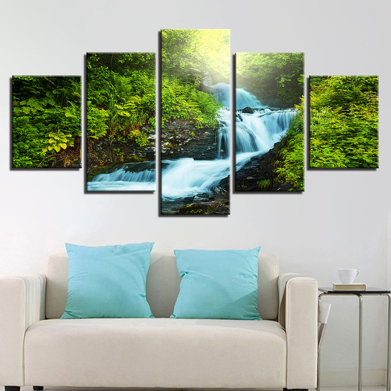 Canvas Paintings Wall Art Prints 5 Pieces Forest Brook Torrent Pictures Waterfall Natural Landscape Posters