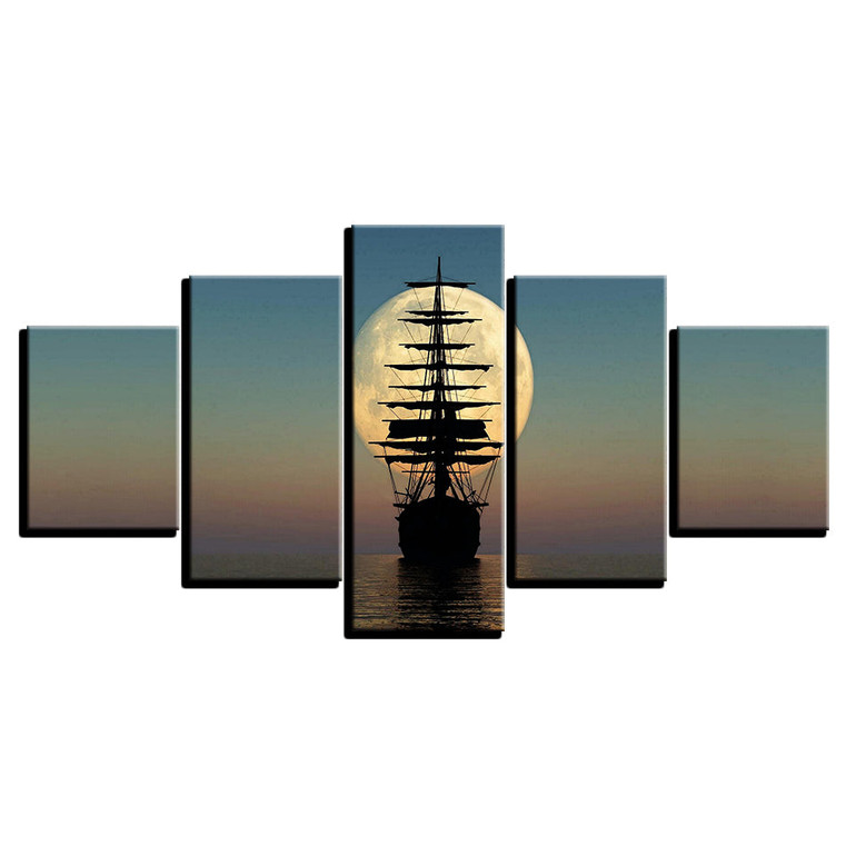 Canvas HD Prints Pictures Wall Art 5 Pieces Full Moon Night Sailboat Paintings Seascape Posters