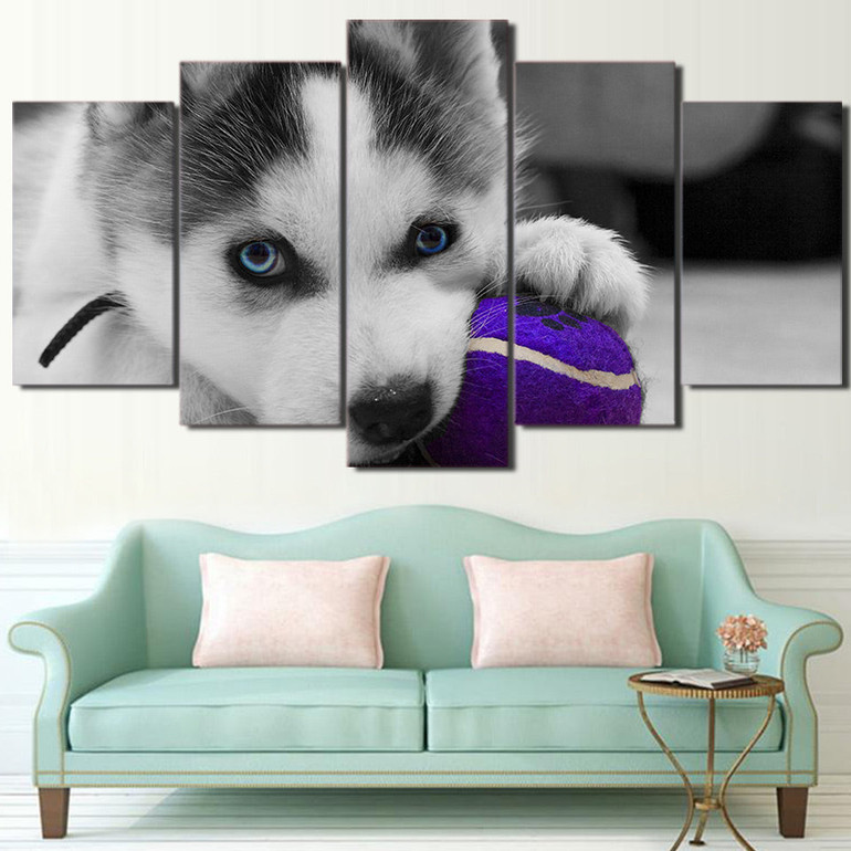HD Printed 5 Piece Canvas Art Blue Eyes Husky Painting Dog Ball Play Poster Wall Pictures