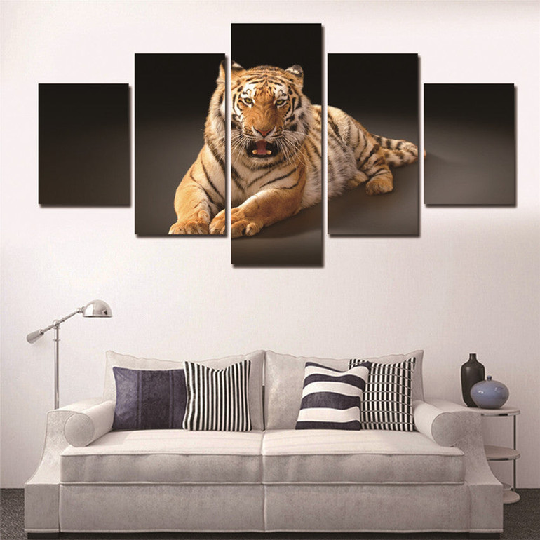 Printed Landscape Modular Picture Canvas Print Painting 5 Panel Animal Tiger Poster Wall Art