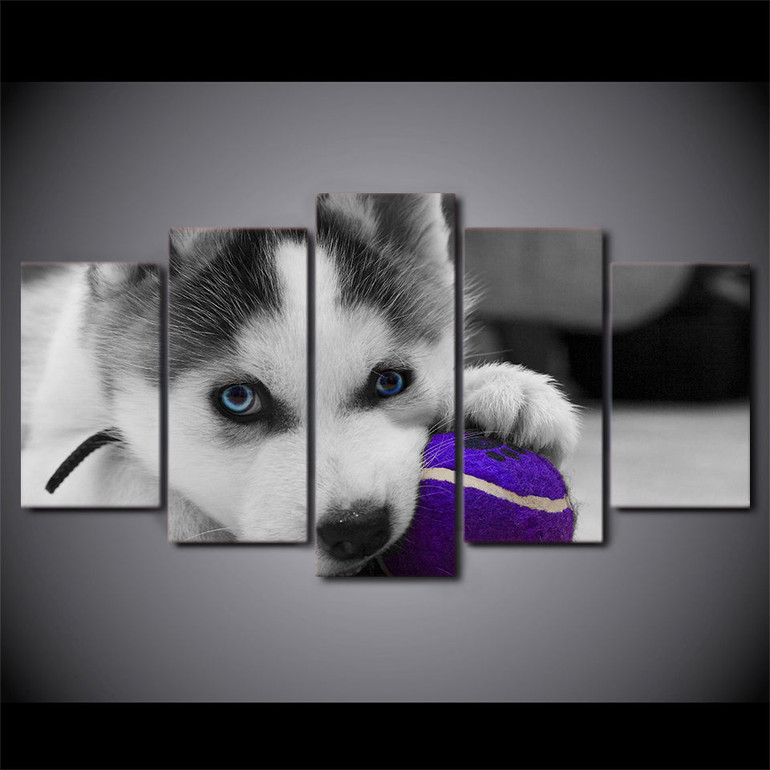 Modern HD Printed Poster Canvas Art 5 Pieces Wall Art Blue Eyes Husky Painting Dog Ball Play Modular Pictures
