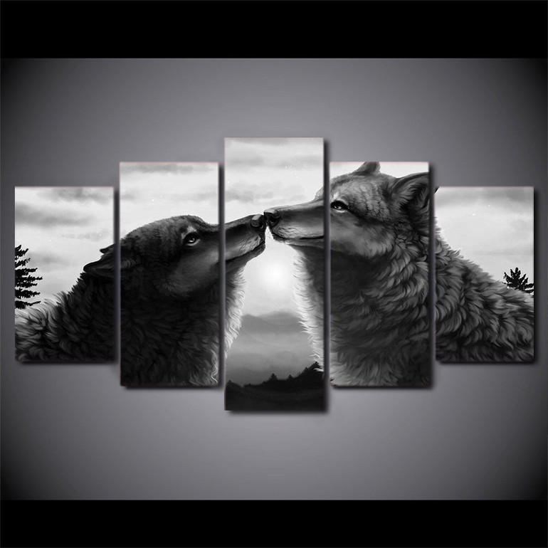 Printed Landscape Picture 5 Pieces Abstract Animal Black Wolf  Large Canvas Painting Wall Art Decor