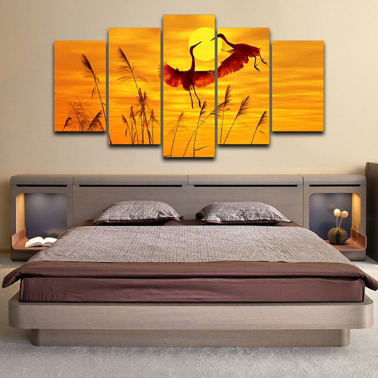 Pictures Modern Decor Style Printed Poster 5 Panels Animal Cranes Flamingo Canvas Wall Art Painting