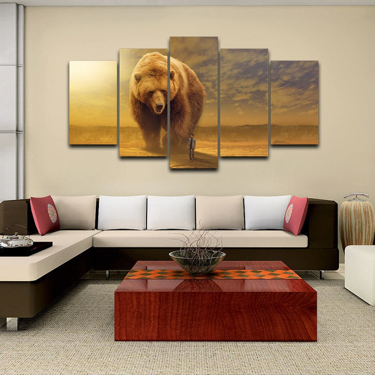 Modern Painting Abastract Wall Art Pictures 5 Pieces Canvas HD Printed Animal Brown Bear And Man Poster