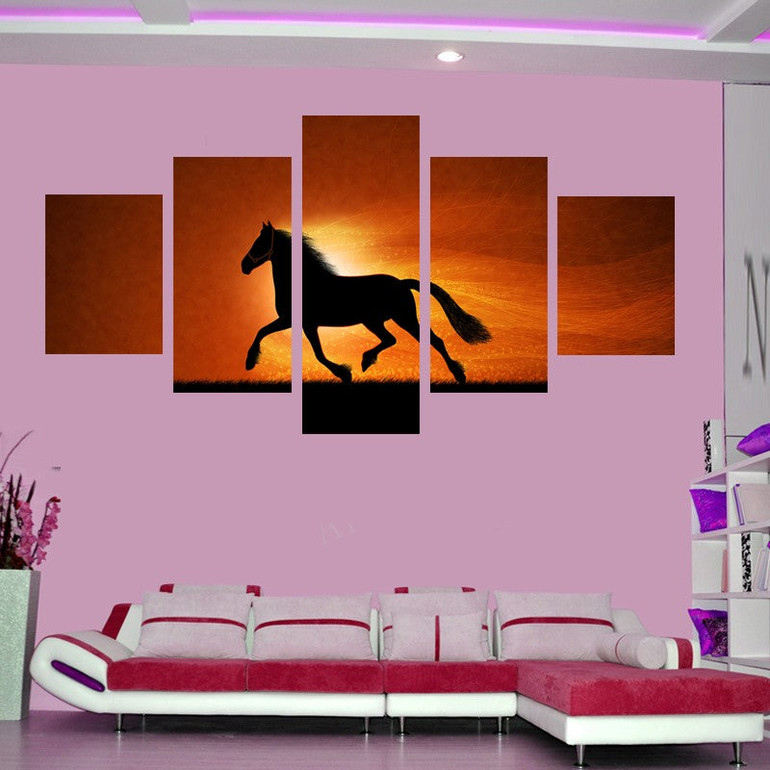 HD Print Canvas Painting Picture Wall Art Prints Poster 5 Panel Under The Sunset Of The Horse
