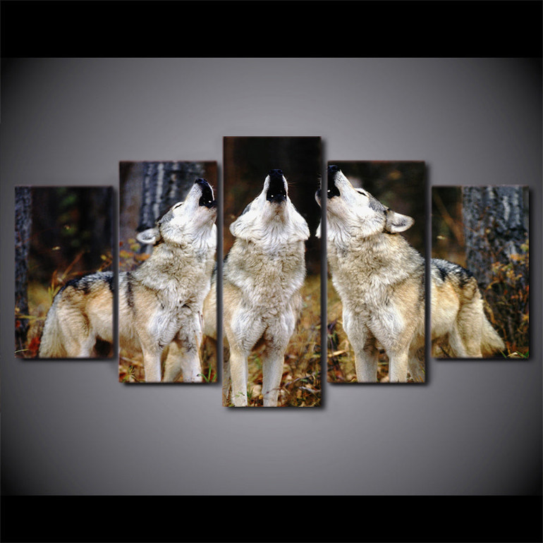 Modular HD Printed Pictures Wall Art 5 Pieces White Wolf Group Canvas Paintings Animal Posters