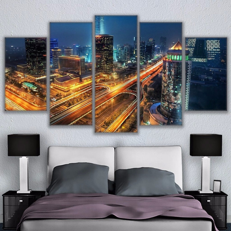 Canvas Posters Wall Art 5 Pieces Roads Night Time Cities Paintings HD Prints Pictures