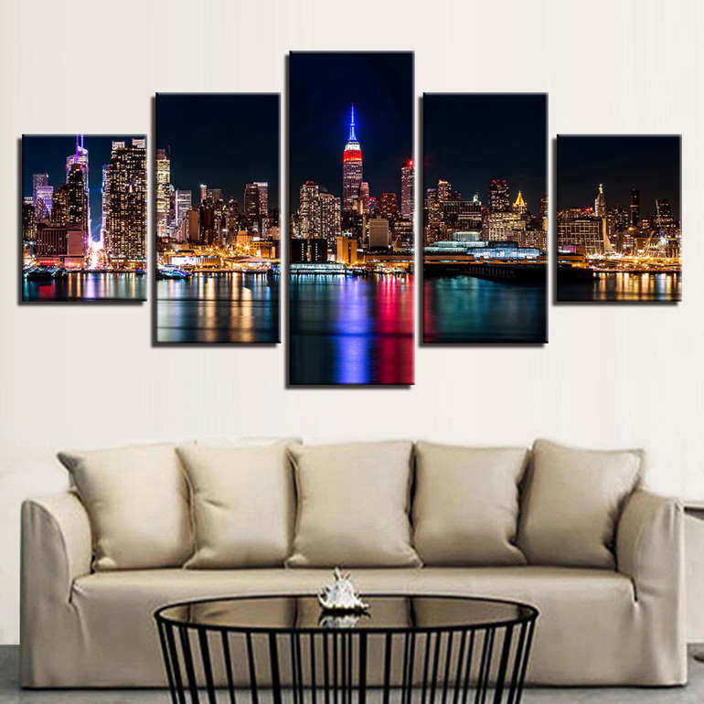 Canvas HD Prints Posters Wall Art 5 Pieces New York City Nightscape Paintings Building Pictures