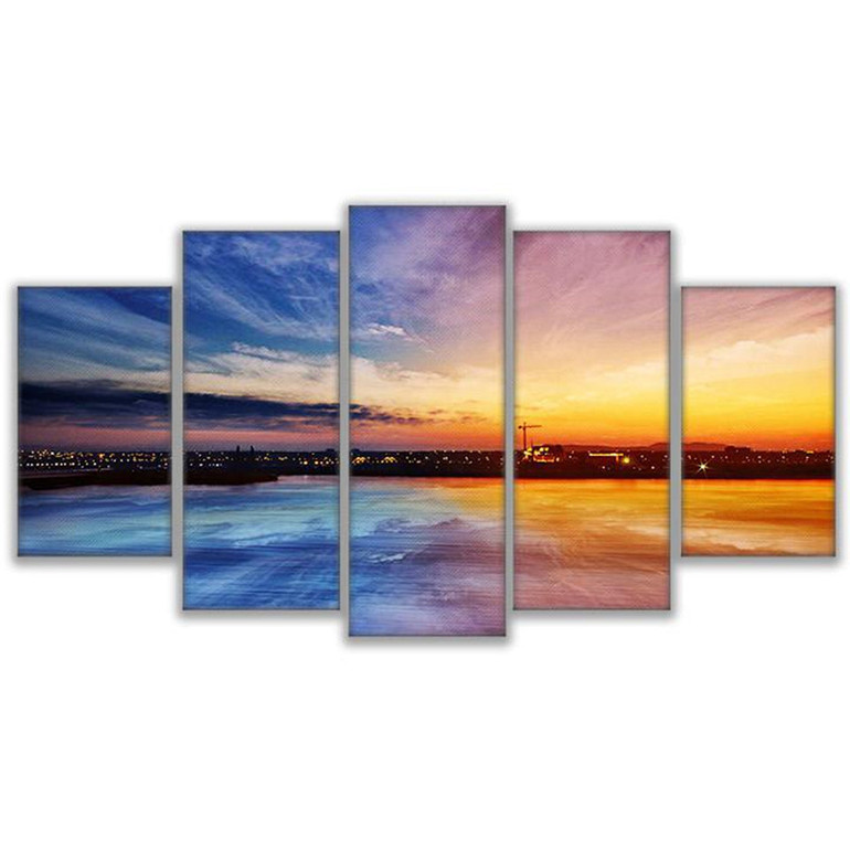 Modular Wall Art Canvas Painting 5 Pieces City On The Water Sunset Landscape Pictures Poster