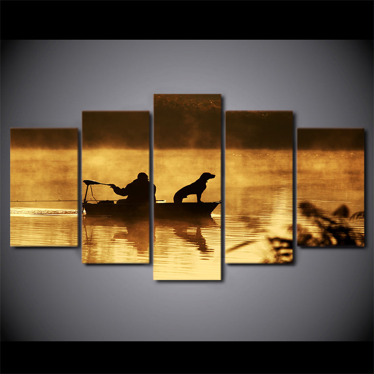 Home Wall Art Pictures HD Printed Canvas 5 Pieces Sunset Boat Fisherman And Dog Paintings Modular Poster