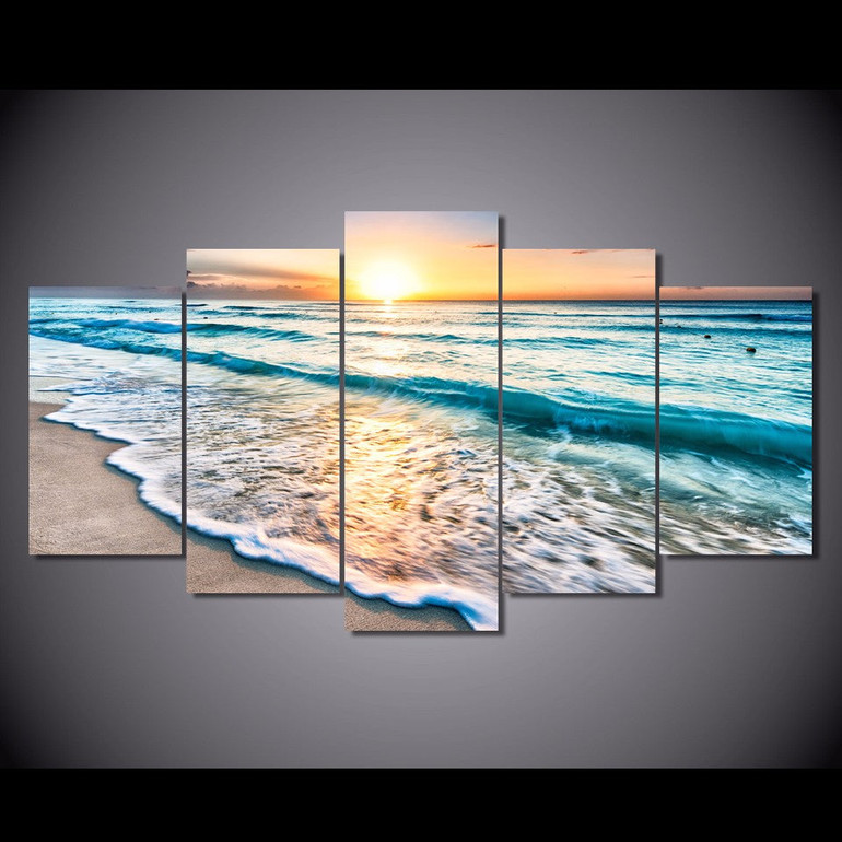 Canvas Painting Wall Art Pictures 5 Pieces Seascape Sunset Beach Sea Wave Poster Living Room HD Printed