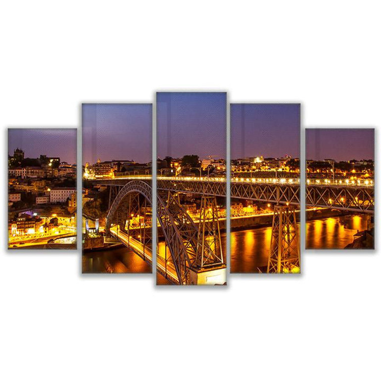 Wall Art Poster Prints Nightscape Canvas Pictures 5 Pieces Porto Ponte Dom Luis I Bridge Lights Painting