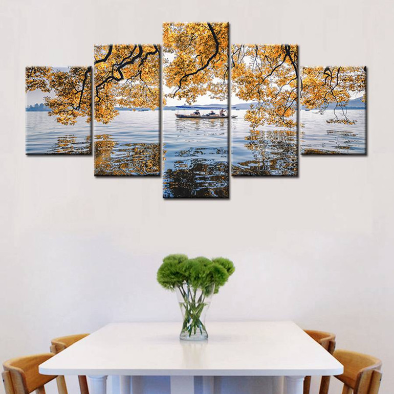 Canvas Painting Wall Art Decor Pictures HD Prints 5 Piece Yellow Leaves Of Autumn Lake Landscape Poster