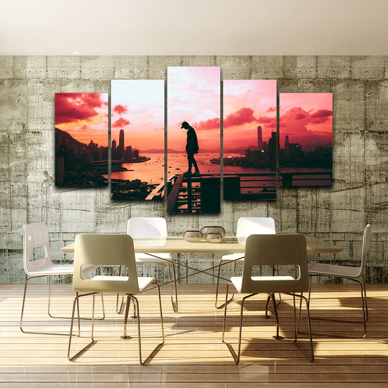 Canvas Wall Art Painting HD Prints Pictures 5 Panel Sunset Glow Boy Standing On Handrail Railing Poster