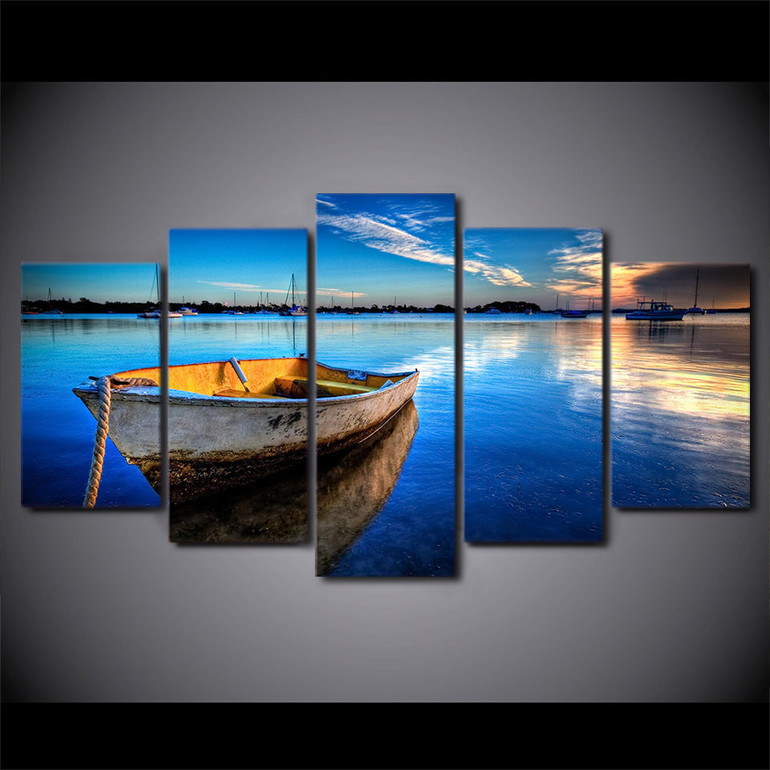 HD Printed Canvas Wall Art Pictures 5 Pieces Floating Boat Paintings For Living Room Nature Blue Lake Posters