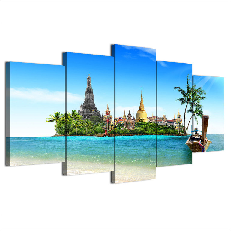 HD Printed Canvas 5 Pieces Tropical Island Pictures Wall Art Thailand Pattaya Buddha Posters