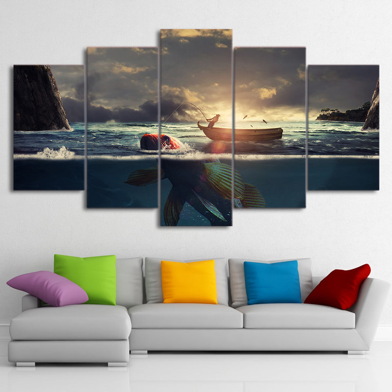 HD Printed 5 Piece Canvas Art Sunset Fishing Boat Painting Frame Big Fish Wall Pictures