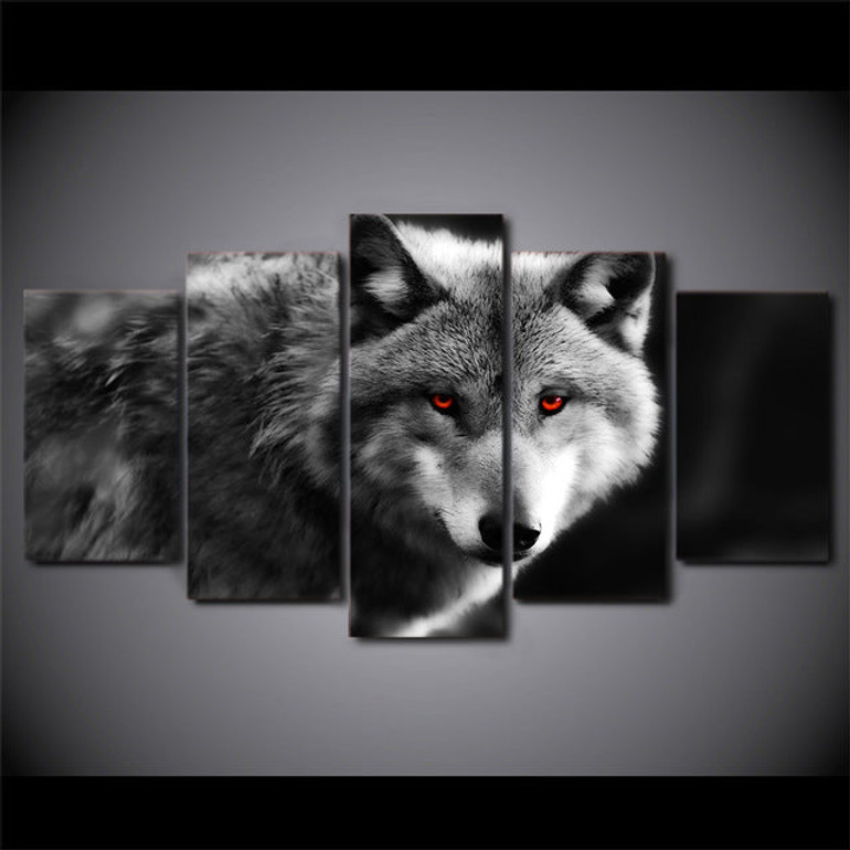 5 Piece Canvas Art Red Eye Wolf Painting Wall Canvas Artwork HD Printed Modular