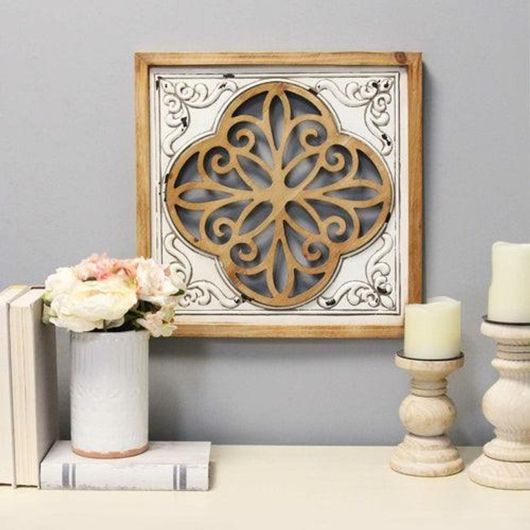 16" X 1.25" X 16" White Wood Mdf With Wood Veneer Metal Wall Décor