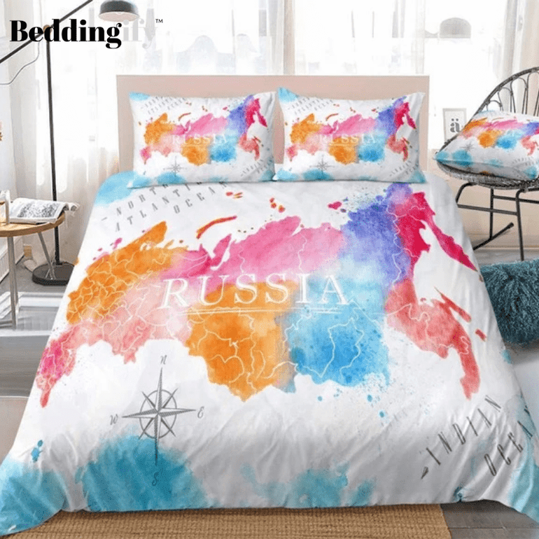 Colorful Watercolor Abstract Russia Map White Bedding Set