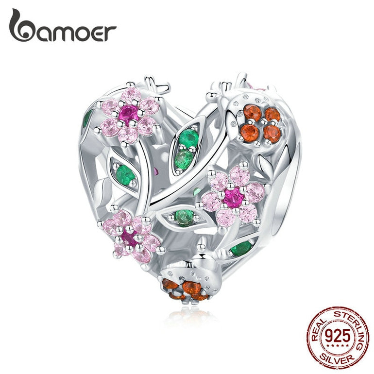 bamoer 925 Sterling Silver Heart Shape Charm for Women Jewelry Making Pink Flower Beads for Original Bracelet Bangle BSC117