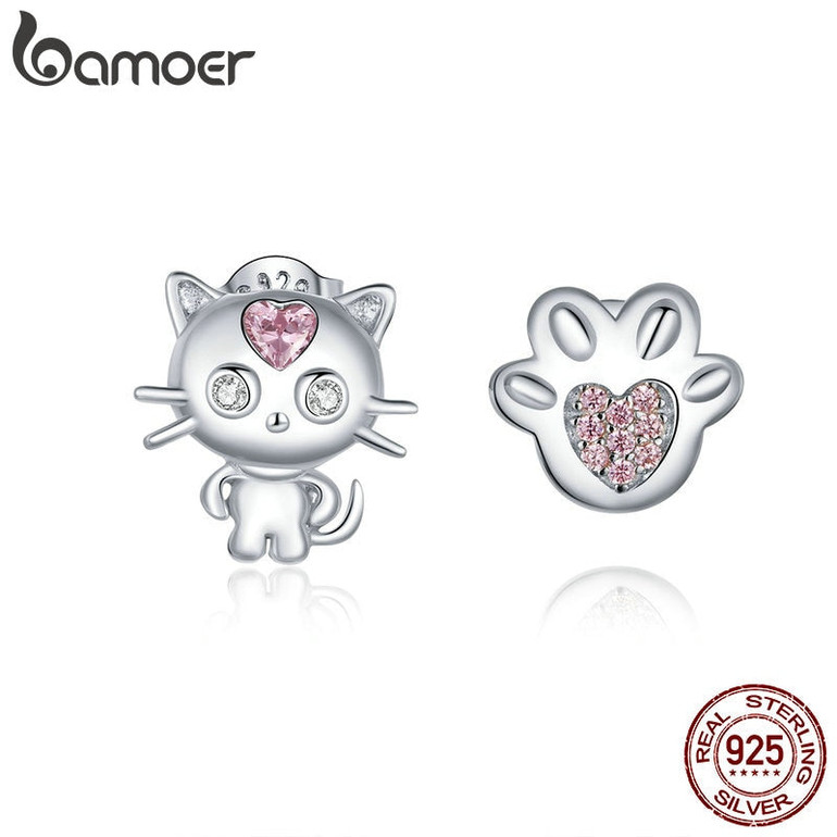 bamoer 925 Silver Cat Paw Stud Earrings for Girl Kids Anti-allergy Jewelry Gifts Sterling Silver Jewelry Bijoux BSE389