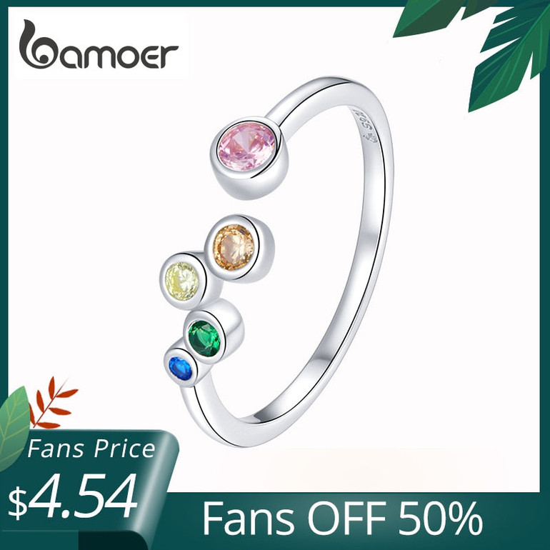 bamoer Sterling Silver 925 Signet Ring Colorful Bubbles Open Finger Rings for Women Free Size Korean Style Jewelry BSR149