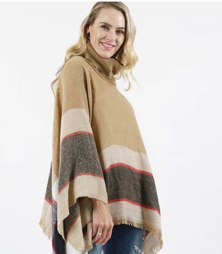 Plaid Turtle Neck Sweater Poncho-Beige