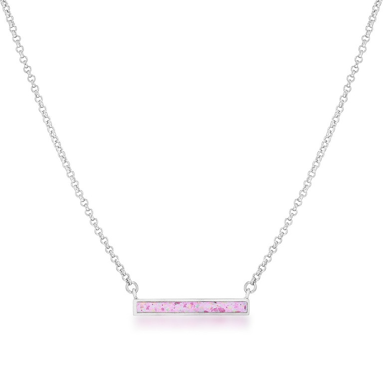 Rhodium Plated Pink Opal Bar Necklace